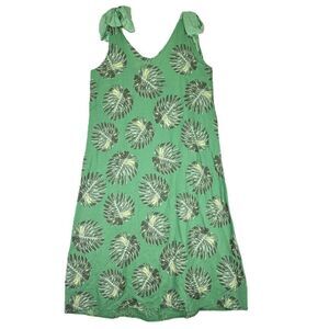 Cristina Vergani Linen Tropical Palm Print Midi Dress Size Large Tie Shoulder